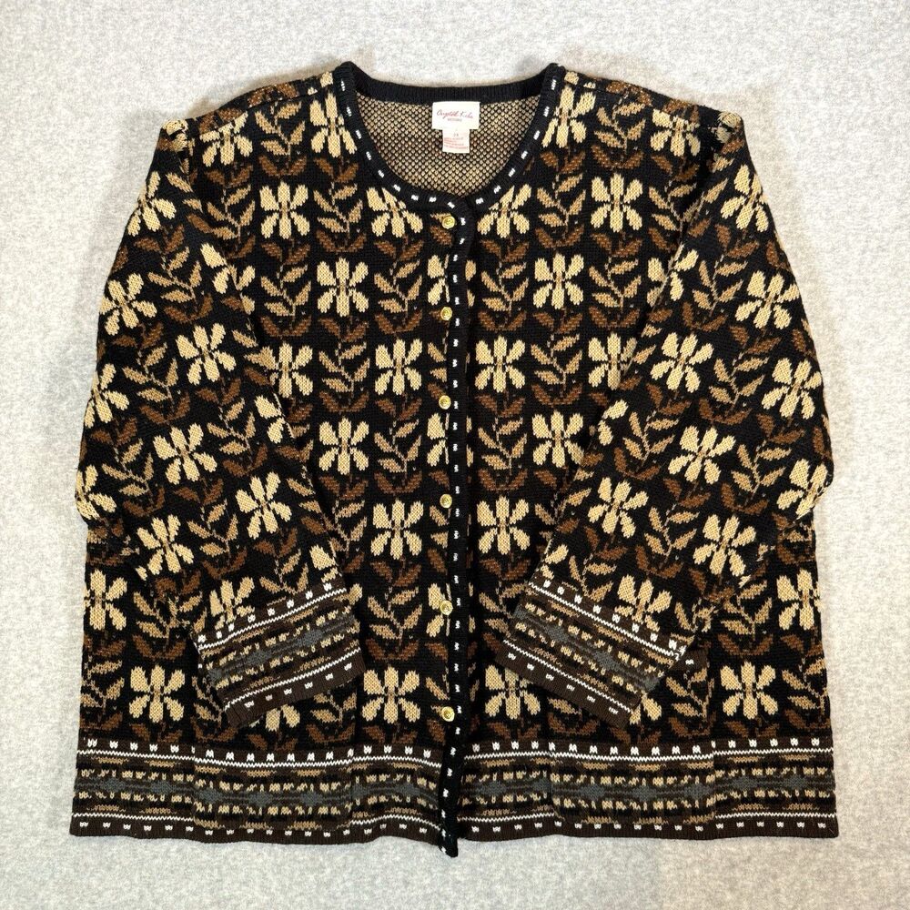 VTG Cardigan Sweater Brown Black Floral Knit Gold Button 2X Cottagecore Folk